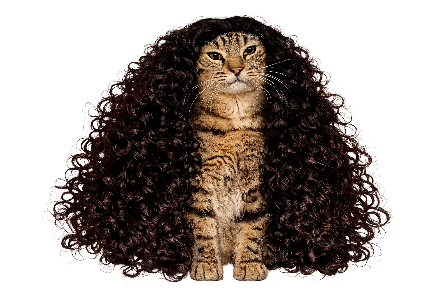 Cucurella Cat — a tabby cat wearing an oversized curly black wig